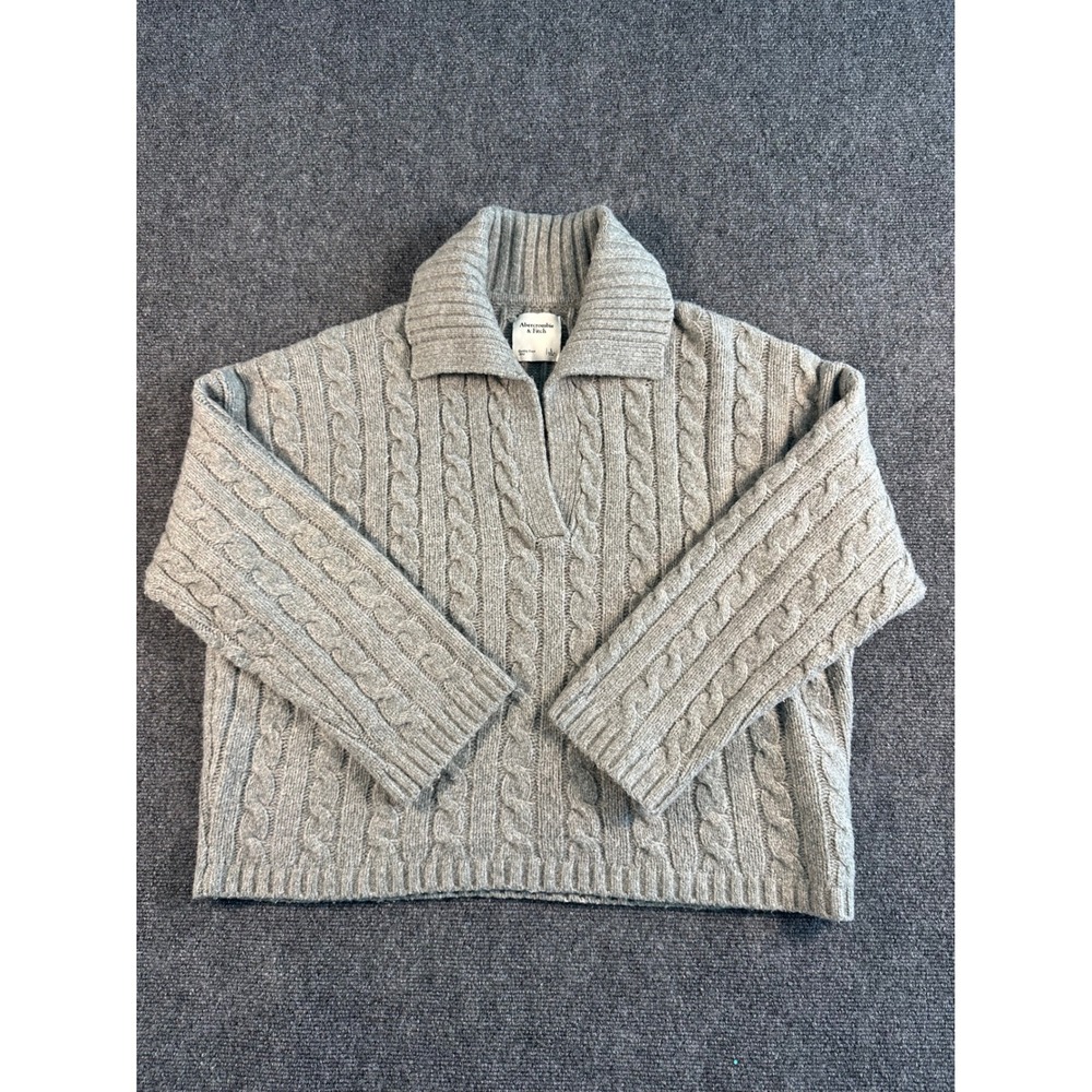 VTG Abercrombie‎ Fitch Gray Cable Knit Collared Pullover Sweater Women Size L